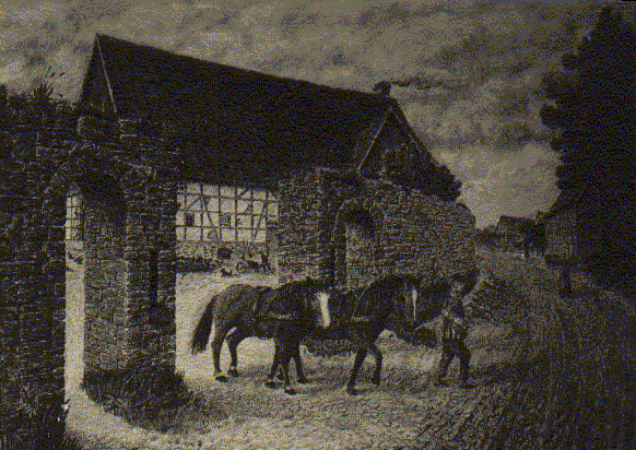 Hofeinfahrt mit Pferdegespann, historische Zeichnung