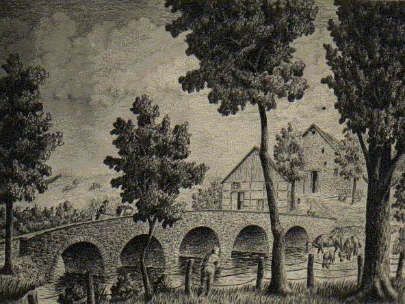 Bogenbrücke vor einem Fachwerkhaus, historische Zeichnung