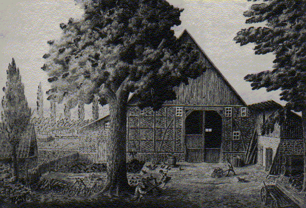 Fachwerkscheune unter einem Baum, historische Zeichnung