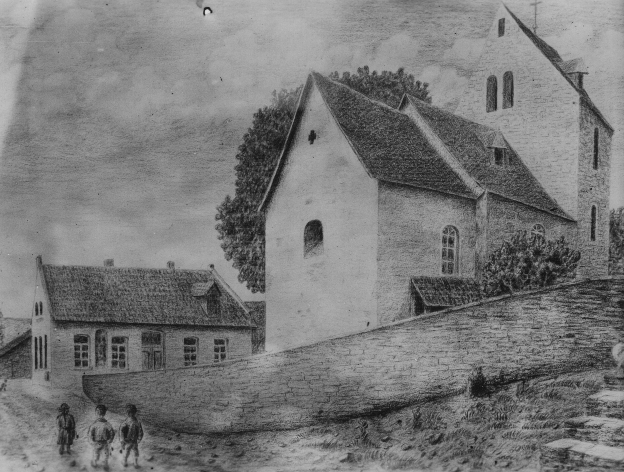 Alte Kirche mit der früheren Mädchenschule, Zeichnung